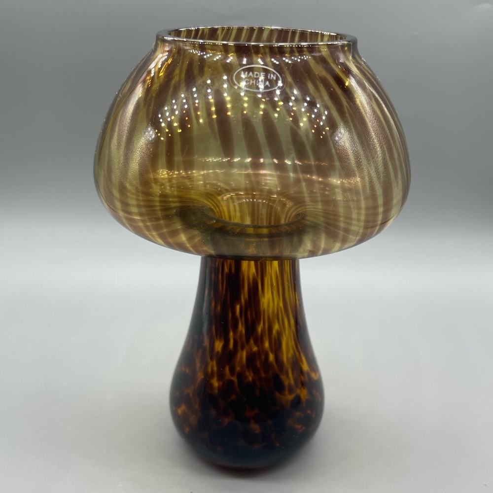 Elegant Brown Tortie Design Glass Mushroom Vase, NWOT - Picture 4 of 7